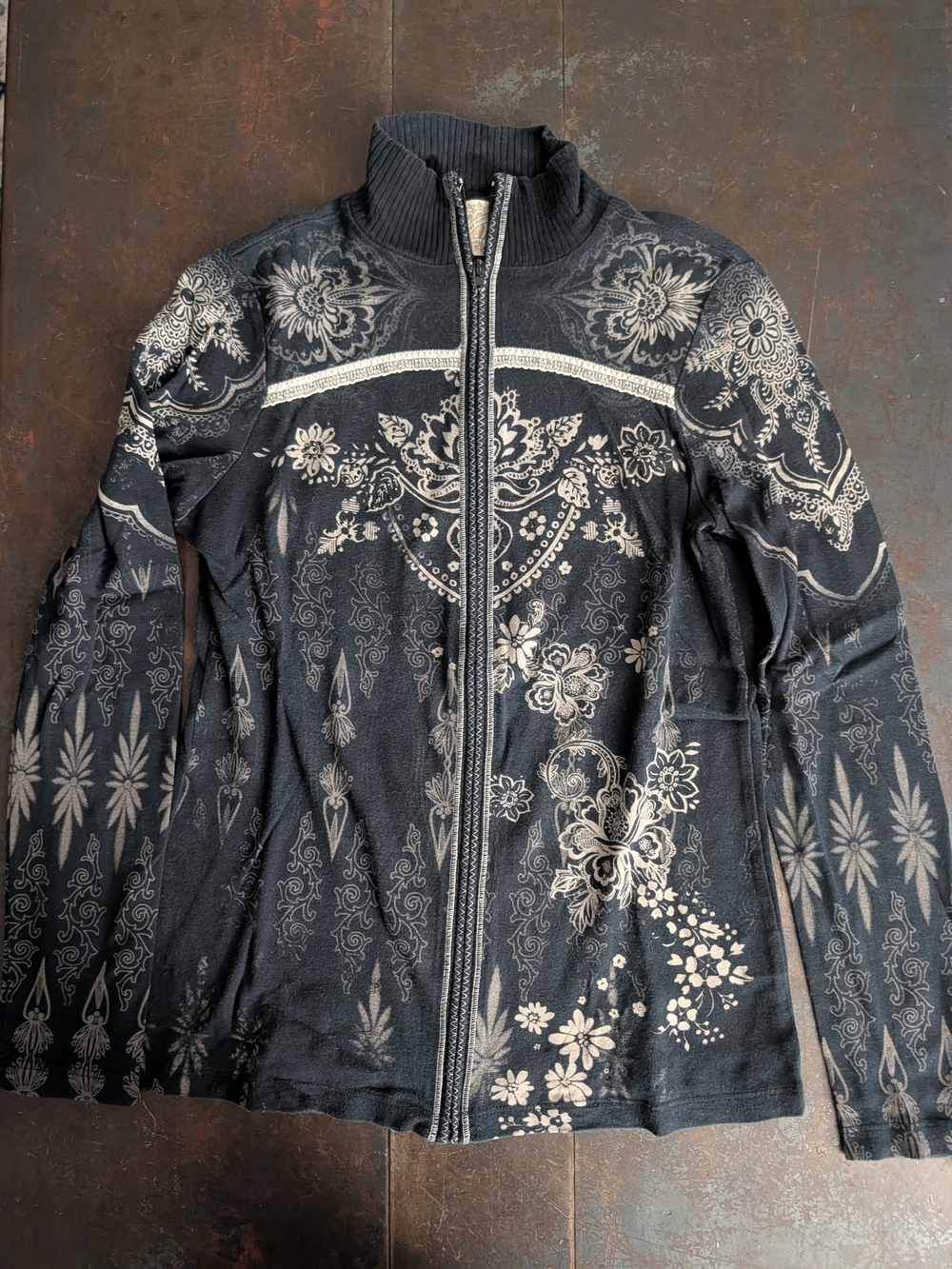 Skinny Minnie Full Zip Mock Neck Cotton Jacket Black Boho Floral Graphic Small